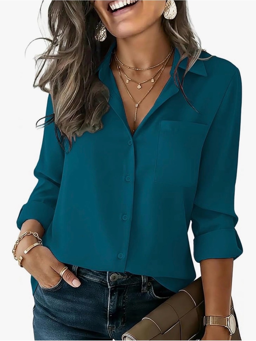 Teal Button-Front Women's Blouse